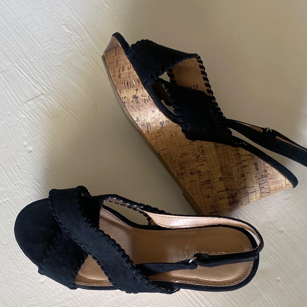 Lane Bryant Black Cork Wedge Slingback Sandals